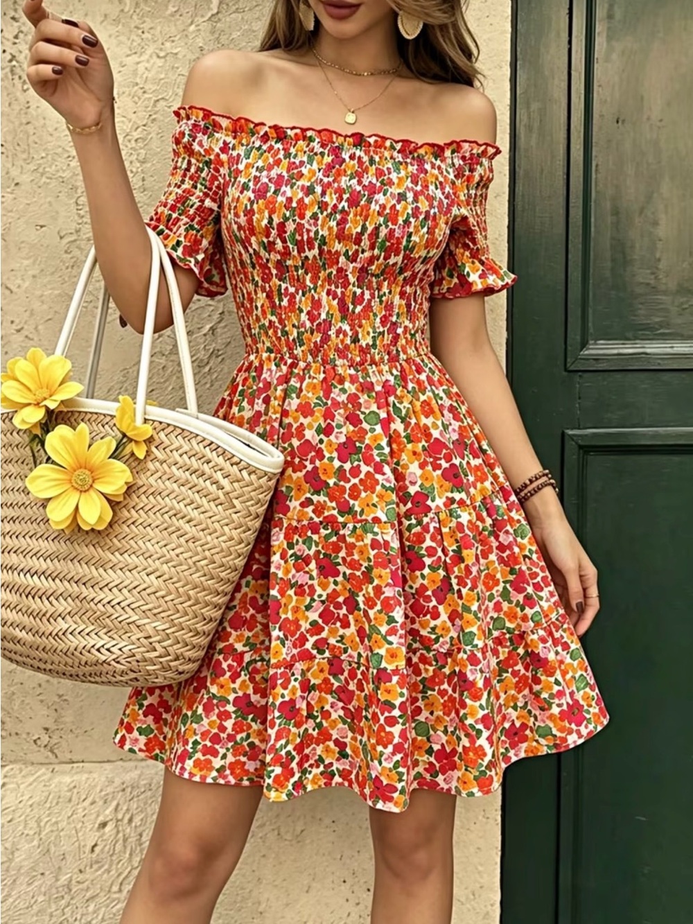 Off-Shoulder Floral Sundress in Red & Orange